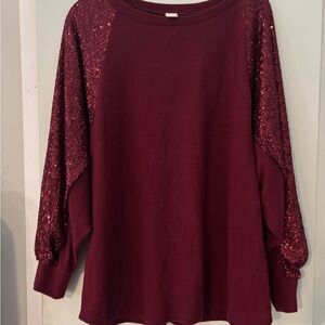 Elegant Burgundy Sequin Sleeve Sweatshirt